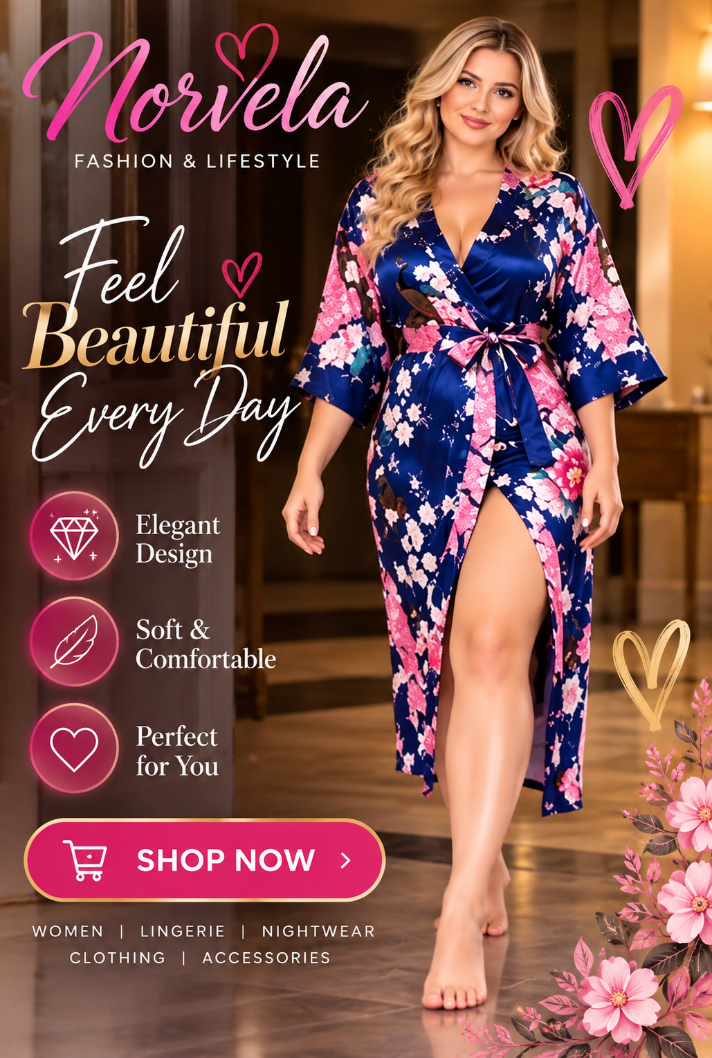 Norvela Floral Satin Kimono Robe