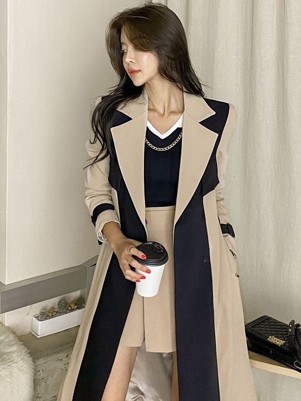 British Style Windbreaker Jacket Cross-Border Women's Clothing 2025 New Korean Style Elegant Suit Collar Color Matching Lace-Up Fashion Windbreaker