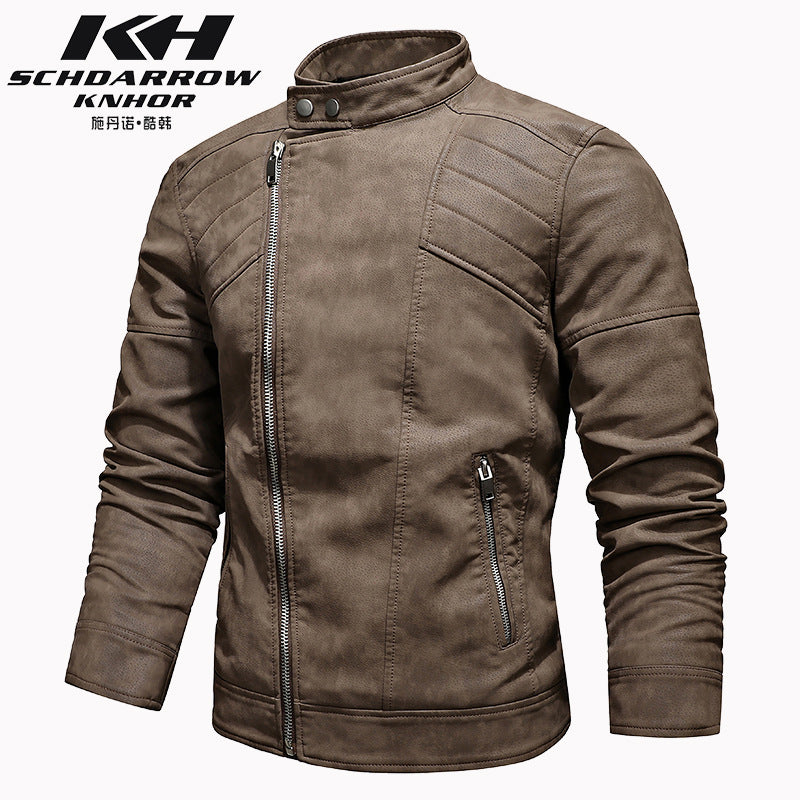 Foreign Trade New Men's PU Leather Jacket with Velvet Large Lapel European Size Slant Placket Zipper Korean Style Fall/Winter Vertical Collar Jacket for Men