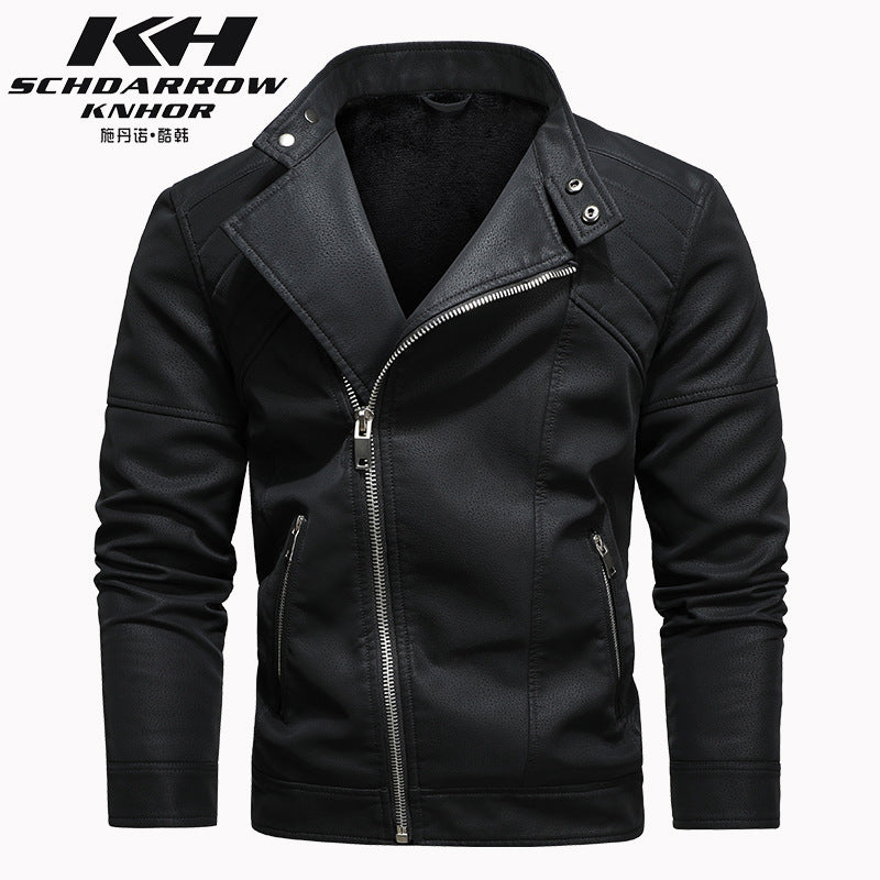 Foreign Trade New Men's PU Leather Jacket with Velvet Large Lapel European Size Slant Placket Zipper Korean Style Fall/Winter Vertical Collar Jacket for Men