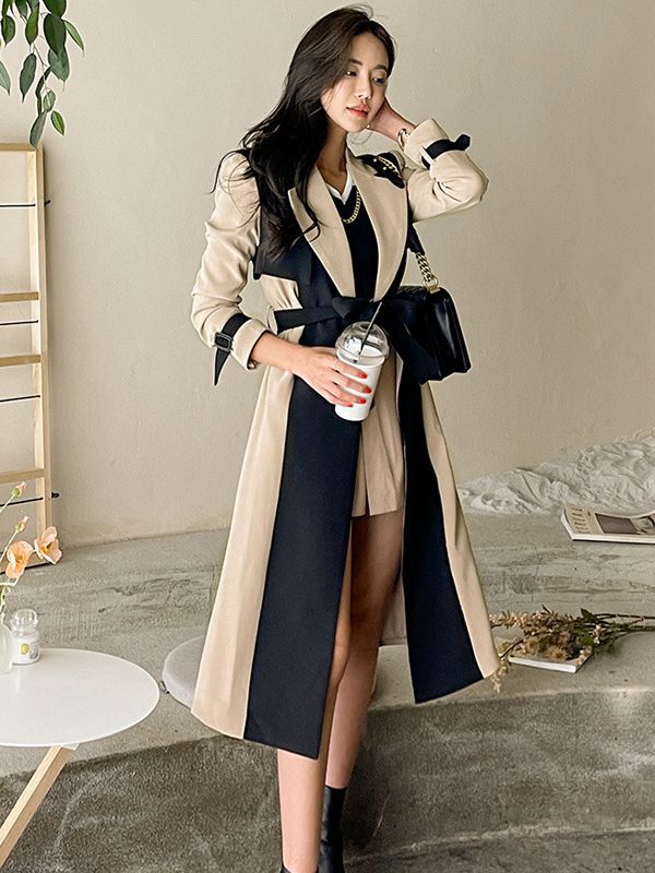British Style Windbreaker Jacket Cross-Border Women's Clothing 2025 New Korean Style Elegant Suit Collar Color Matching Lace-Up Fashion Windbreaker
