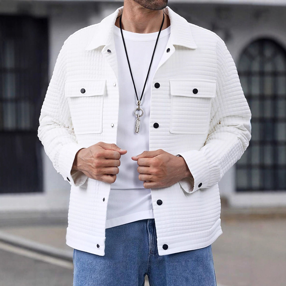 2026 Autumn New Handsome Casual Versatile Shirt Pocket Flap Pocket Jacket Waffle Work Jacket Men