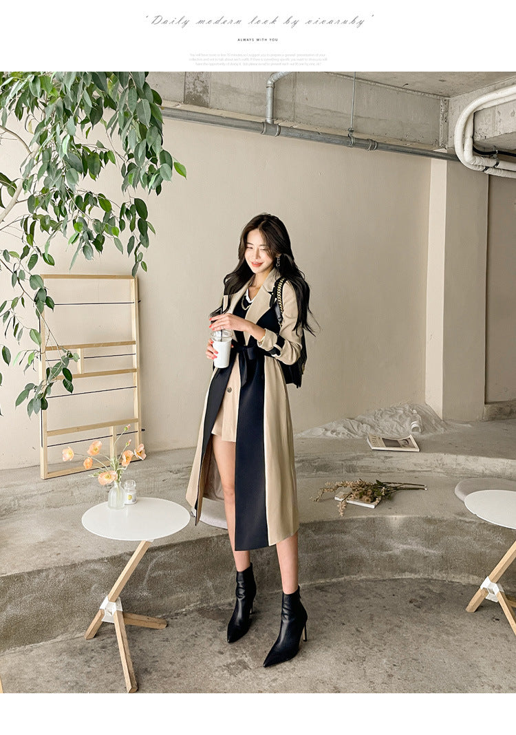 British Style Windbreaker Jacket Cross-Border Women's Clothing 2025 New Korean Style Elegant Suit Collar Color Matching Lace-Up Fashion Windbreaker