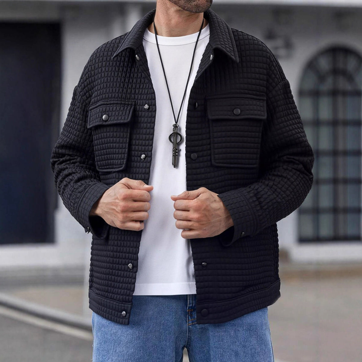 2026 Autumn New Handsome Casual Versatile Shirt Pocket Flap Pocket Jacket Waffle Work Jacket Men