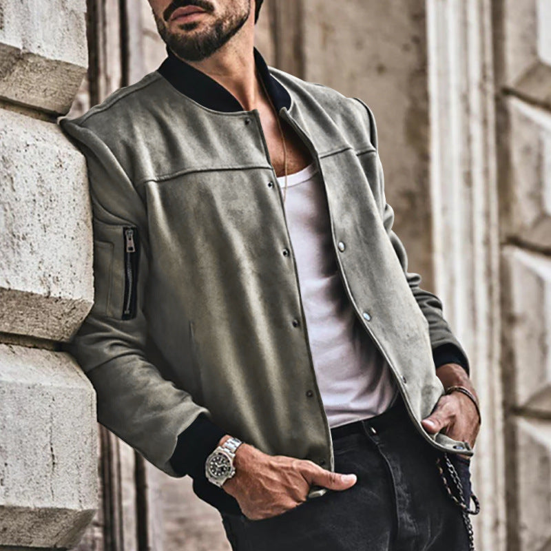 2025 Amazon Autumn and Winter Suede Stand Collar Men's Button Cardigan Jacket Cross-Border Casual Trendy American Jacket Men