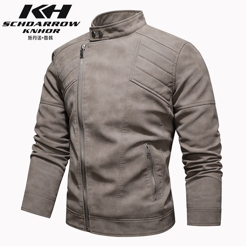 Foreign Trade New Men's PU Leather Jacket with Velvet Large Lapel European Size Slant Placket Zipper Korean Style Fall/Winter Vertical Collar Jacket for Men