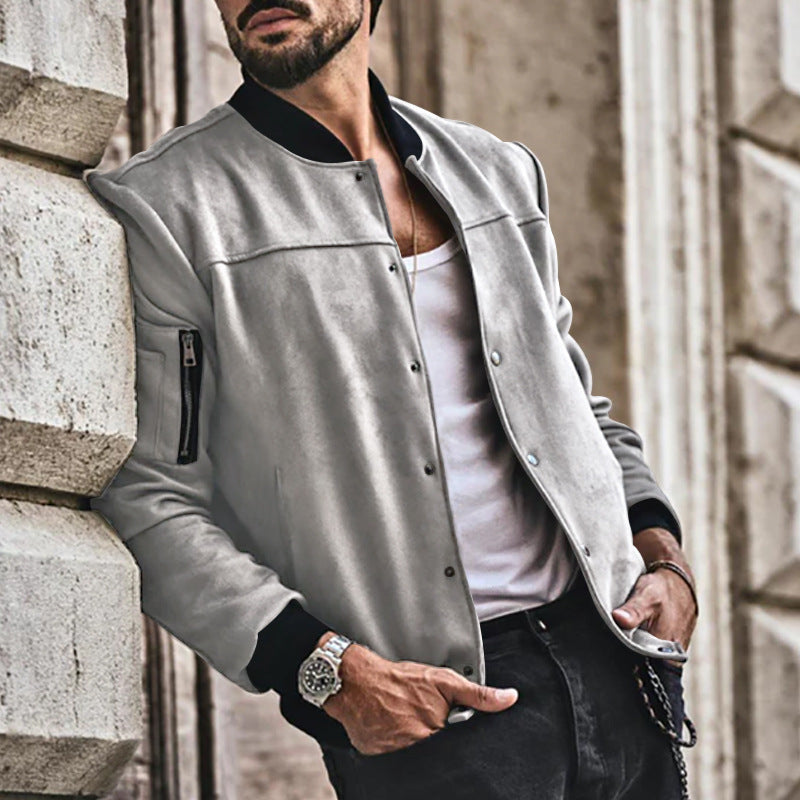 2025 Amazon Autumn and Winter Suede Stand Collar Men's Button Cardigan Jacket Cross-Border Casual Trendy American Jacket Men