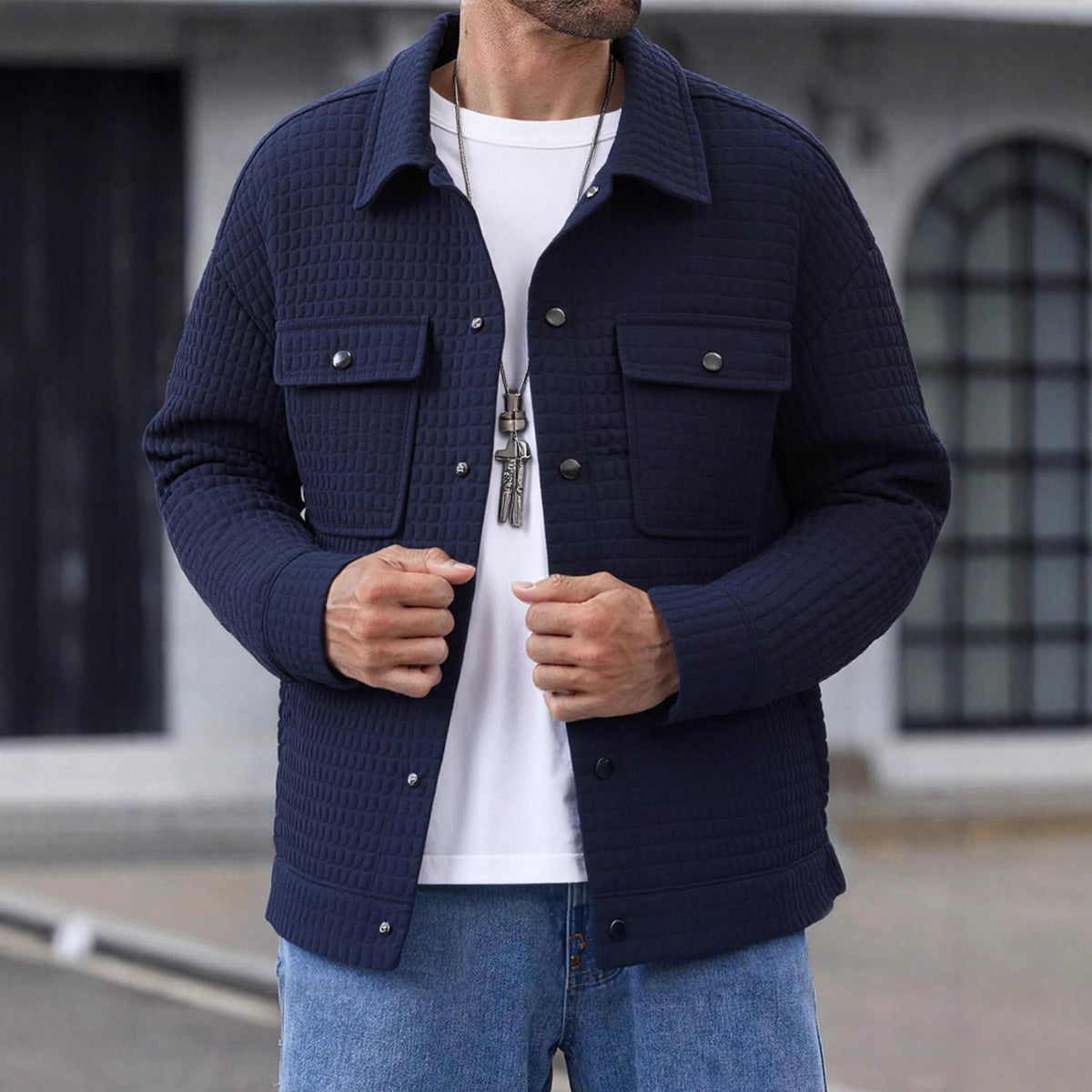 2026 Autumn New Handsome Casual Versatile Shirt Pocket Flap Pocket Jacket Waffle Work Jacket Men