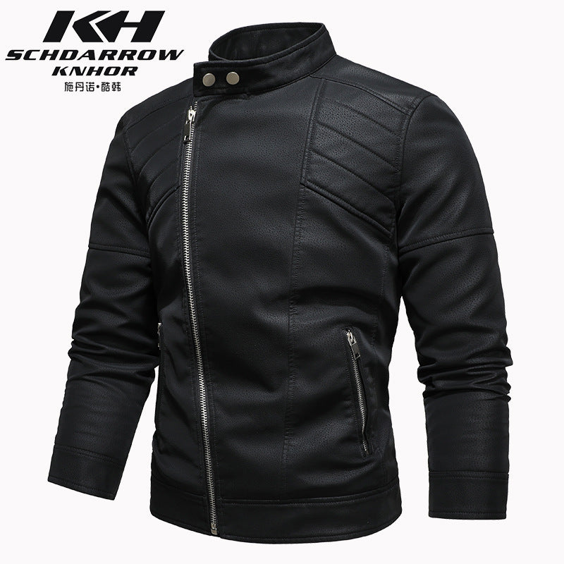 Foreign Trade New Men's PU Leather Jacket with Velvet Large Lapel European Size Slant Placket Zipper Korean Style Fall/Winter Vertical Collar Jacket for Men