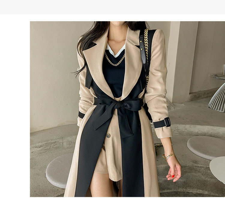 British Style Windbreaker Jacket Cross-Border Women's Clothing 2025 New Korean Style Elegant Suit Collar Color Matching Lace-Up Fashion Windbreaker