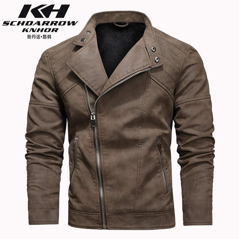 Foreign Trade New Men's PU Leather Jacket with Velvet Large Lapel European Size Slant Placket Zipper Korean Style Fall/Winter Vertical Collar Jacket for Men