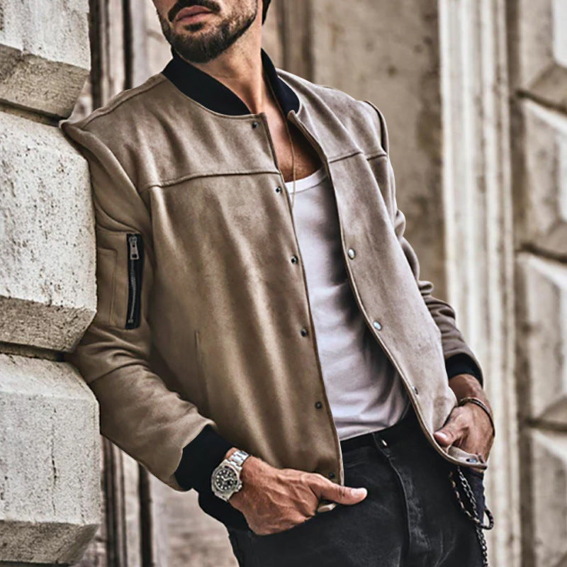 2025 Amazon Autumn and Winter Suede Stand Collar Men's Button Cardigan Jacket Cross-Border Casual Trendy American Jacket Men