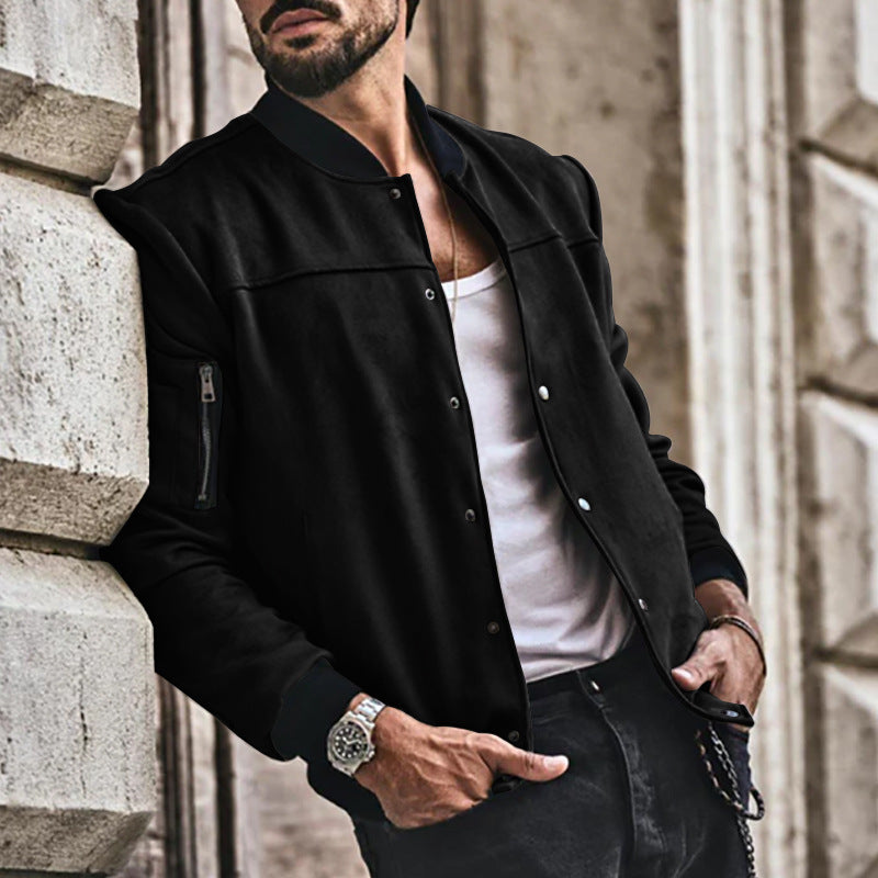2025 Amazon Autumn and Winter Suede Stand Collar Men's Button Cardigan Jacket Cross-Border Casual Trendy American Jacket Men